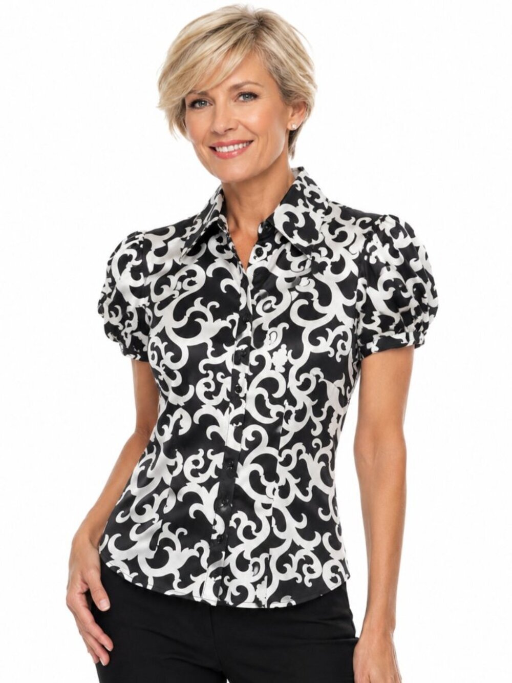 Bebe Signature Logo B&W Silk Short Sleeve Blouse